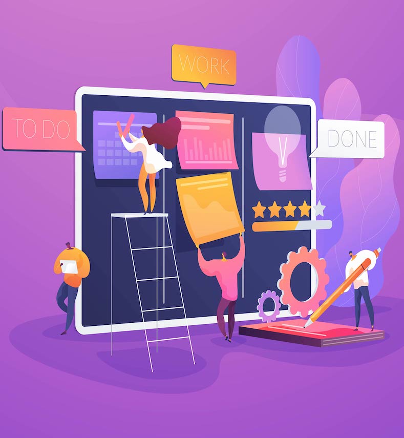 Workflow organization. Office work and time management. Kanban board, teamwork communication process, agile project management concept. Website homepage header landing web page template.